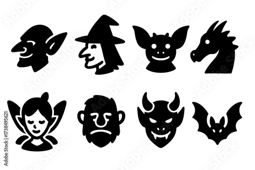 Fantasy Creature Icons. Solid, filled icon set of fantasy creatures with pointed noses: goblin, witch, gremlin, dragon, pixie, troll, demon, bat. Solid, filled