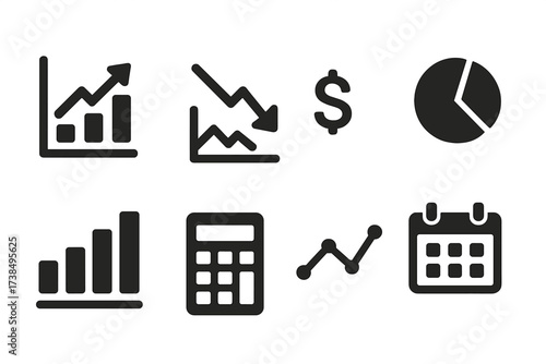 Financial Icons Grid. Solid, filled icon set of financial forecast: growth chart, decline chart, trend line, pie chart, dollar sign, bar graph, calculator,