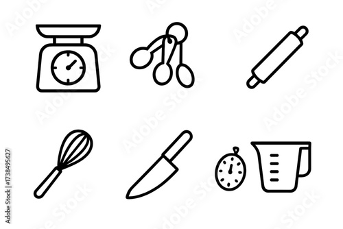 Cooking Precision Icons. Outline icon set of precision in cooking: kitchen scale, measuring spoons, thermometer, timer, whisk, chef knife, rolling pin,