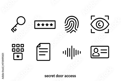 Secret Access Icons. Outline icon set of secret door access: key, password, fingerprint, retina scan, voice recognition, secret code, passphrase, security