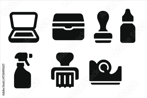 Stamp Office Tools. Solid, filled icon set of stamp office tools: stamp pad, stamp box, stamp holder, ink refill, stamp cleaner, stamp counter, stamp