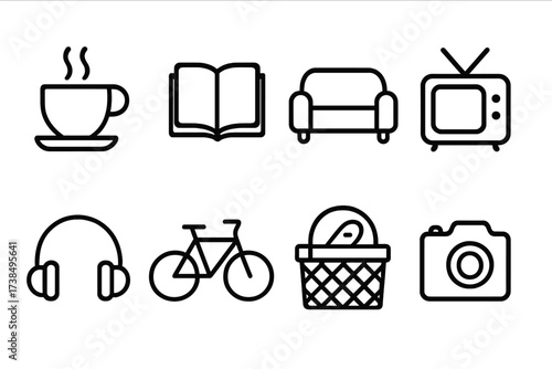 Weekend Essentials Icons. Outline icon set of weekend: coffee cup, book, sofa, television, headphones, bicycle, picnic basket, camera. Line icons in only black