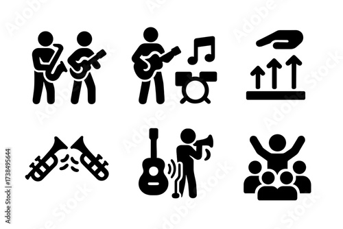 Jam Session Icons. Solid, filled icon set of jam session activities: improvisation, solo, rhythm, groove, call and response, tuning, warm-up, crowd