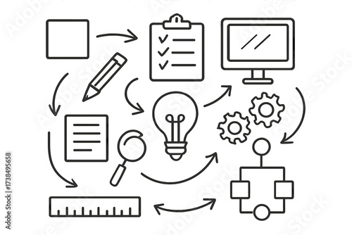 Doodle Workflow Icons. Hand-drawn doodle illustration workflow diagram arrows, boxes, checklist, pencil, clipboard, computer screen, gears, light bulb,