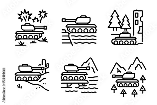 Tank Environment Icons. Outline icon set of tank environment: battlefield, trench, forest, desert, urban ruins, river crossing, mountain pass, minefield. Line