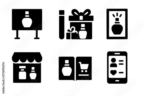 Perfume Marketing Icons. Solid, filled icon set of perfume marketing: billboard, sample tester, promotional gift, advertisement, boutique display, online shop,