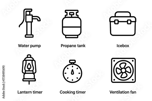 Field Kitchen Icon Set. Outline icon set of field kitchen utilities: water pump, propane tank, power generator, icebox, lantern stand, cooking timer, weather