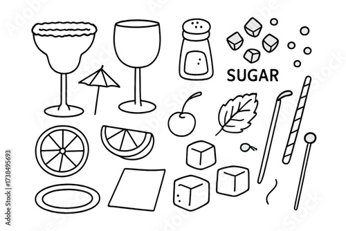 Festive Cocktail Doodles. Hand-drawn doodle illustration festive drink rims cocktail glass, wine glass, salt shaker, sugar crystals, lemon slice, lime wedge,