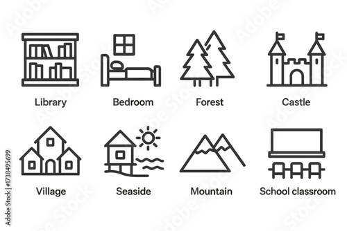 Storytime Settings Icons. Outline icon set of storytime settings: library, bedroom, forest, castle, village, seaside, mountain, school classroom. Line icons in