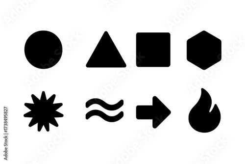 Geometric Icon Set. Solid, filled icon set of agency logo abstract shapes: circle, triangle, square, hexagon, starburst, wave, arrow, flame. [Line icons in