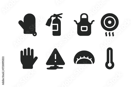 Kitchen Safety Icons. Solid, filled icon set of kitchen safety: oven glove, fire extinguisher, apron, smoke alarm, cut-resistant glove, spill warning, hairnet,