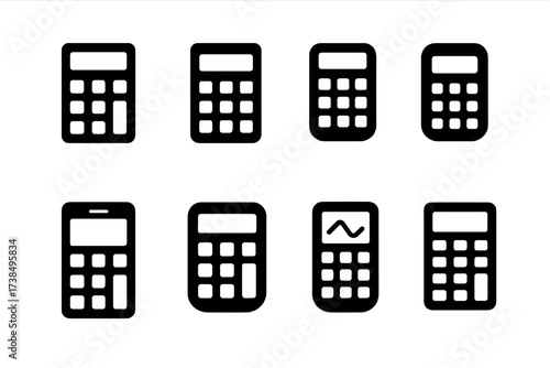 Calculator Icon Set. Solid, filled icon set of calculator brand logos: classic calculator, modern calculator, solar calculator, pocket calculator, touchscreen
