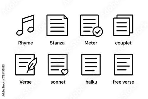 Poetry Icon Set. Outline icon set of poetry elements: rhyme, stanza, meter, couplet, verse, sonnet, haiku, free verse. Line icons in only black