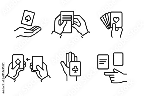 Card Tricks Icons. Outline icon set of card tricks: sleight of hand, false shuffle, card fan, card reveal, card switch, hidden card, card stack, misdirection.