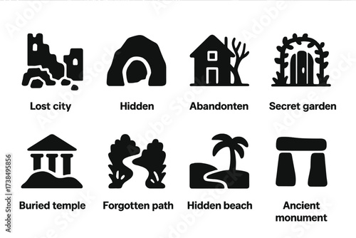 Lost Places Icon Set. Solid, filled icon set of found places: lost city ruins, hidden cave, abandoned house, secret garden, buried temple, forgotten pathway,