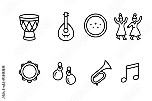 Moroccan Music Icon Set. Outline icon set of Moroccan music and dance: Gnawa drum, Oud instrument, Bendir drum, Traditional dancers, Tambourine, Castanets,