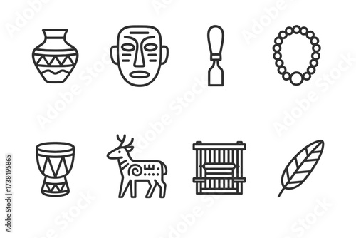 Tribal Art Icons. Outline icon set of tribal art: pottery, mask, carving tool, bead necklace, drum, painted animal, weaving loom, feather. Line icons in only