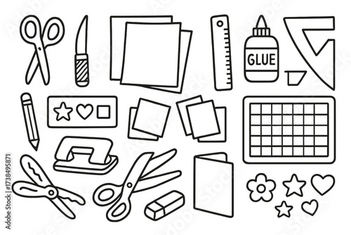 Crafting Tools Doodle. Hand-drawn doodle illustration paper crafting cut scissors, craft knife, paper sheets, ruler, glue, pencil, stencil, colored paper,