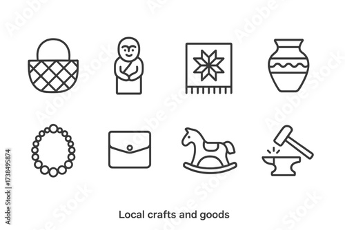 Crafts and Work Icons. Outline icon set of local crafts and goods: woven basket, hand-carved figurine, embroidered cloth, pottery vase, bead necklace, leather