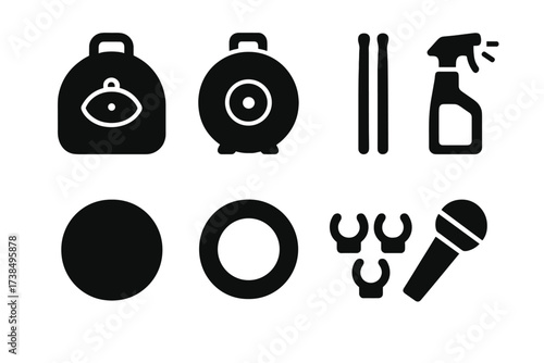 Cymbal Accessories Icons. Solid, filled icon set of crash cymbal accessories: cymbal bag, cymbal case, cymbal cleaner, drumsticks, practice pad, muffling pad,
