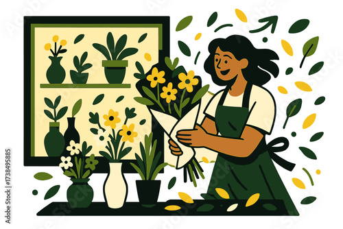 Dynamic Florist Scene. Flower shop. Florist arranging a bouquet while colorful petals float in the air. Shop window glowing with potted plants and vases.