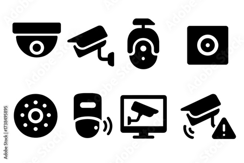 Surveillance Camera Icons. Solid, filled icon set of surveillance cameras: dome camera, bullet camera, PTZ camera, hidden cam, night vision cam, motion sensor,
