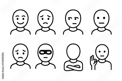 Poker Bluff Icons. Outline icon set of poker bluff emotions: confident smile, worried face, sneaky glance, poker face, nervous sweat, eye mask, folded arms,