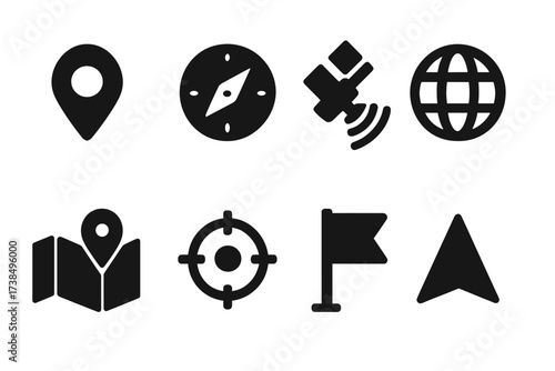 Location Icons Grid. Solid, filled icon set of location markers: map pin, compass, GPS satellite, globe, map, location crosshair, flag marker, navigation
