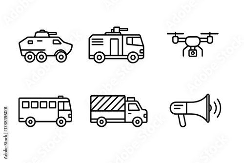 Riot Control Vehicles Icons. Outline icon set of riot control vehicles and support: armored personnel carrier, water cannon truck, police van, surveillance