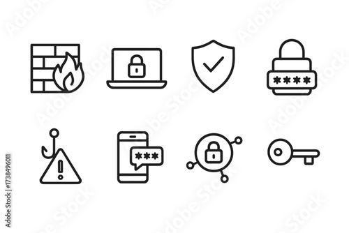 Internet Security Icons. Outline icon set of internet security: firewall, VPN, antivirus shield, password lock, phishing alert, two-factor authentication,