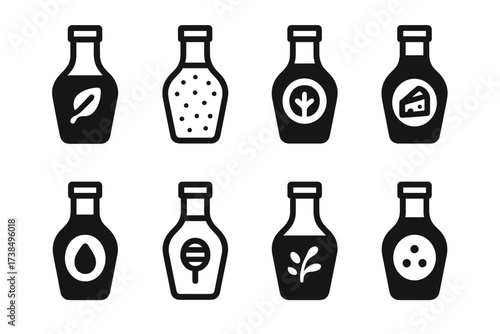 Salad Dressing Icons. Solid, filled icon set of salad dressings: vinaigrette, ranch, Caesar, blue cheese, balsamic, honey mustard, Italian, thousand island.