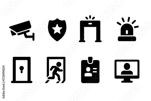 Auction Security Icons. Solid, filled icon set of auction security: security camera, guard badge, metal detector, alarm bell, locked door, emergency exit, ID