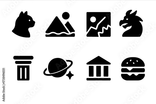 Themed Puzzle Icons. Solid, filled icon set of puzzle types by theme: animals, landscapes, abstract, fantasy, historical, space, architecture, food. [Line