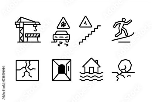 Hazard and Navigation Icons. Outline icon set of hazardous environments: construction site, icy road, steep stairs, slippery slope, broken pavement, dark