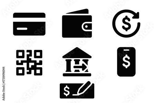 Online Payment Icons. Solid, filled icon set of online banking payments: credit card, debit card, e-wallet, direct debit, QR code, bank transfer, mobile pay,