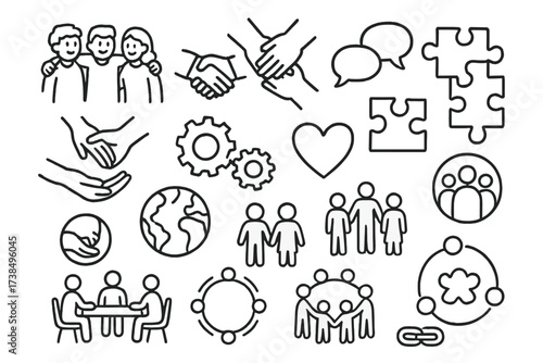 Teamwork Doodle Icons. Hand-drawn doodle illustration teamwork and collectivism team huddle, group of people, handshake, shared resources, helping hands,