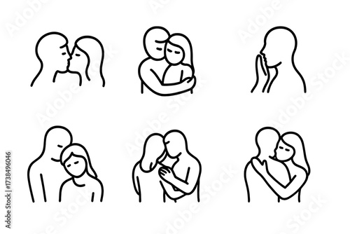 Intimate Icon Set. Outline icon set of physical intimacy: close kiss, cuddling couple, gentle caress, shared blanket, leaning head, tender back rub, slow