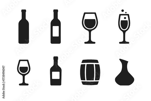 Wine Icons Collection. Solid, filled icon set of wine types: red wine bottle, white wine bottle, rose wine glass, sparkling wine, dessert wine, fortified wine,