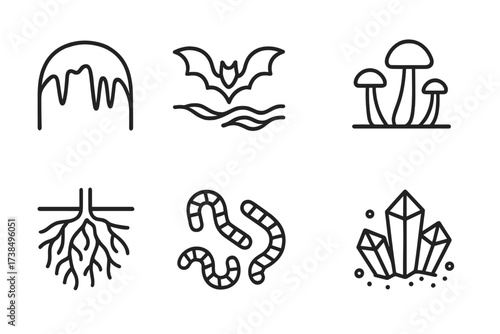 Underground Wildlife Icons. Outline icon set of underground wildlife and nature: cave stalactites, bats, underground river, mushrooms, roots, worms,