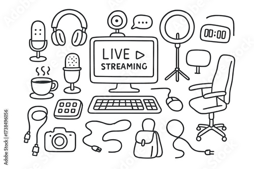 Live Stream Essentials Doodles. Hand-drawn doodle illustration behind-the-scenes live streaming computer, webcam, microphone, headphones, chat bubble, timer,
