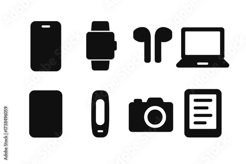 Gadget Icon Collection. Solid, filled icon set of companion devices: smartphone, smartwatch, earbuds, laptop, tablet, fitness tracker, camera, e-reader.