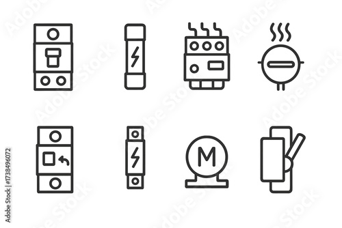 Motor Protection Icons. Outline icon set of motor protection devices: circuit breaker, fuse, overload relay, thermal switch, earth leakage breaker, surge