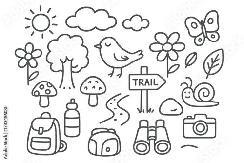 Springtime Nature Icons. Hand-drawn doodle illustration Springtime nature walk tree, flower, bird, butterfly, mushroom, snail, leaf, rock, sun, cloud, trail