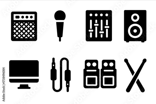 Band Equipment Icons. Solid, filled icon set of band equipment: amplifier, microphone, mixer, speaker, monitor, cables, effects pedals, drumsticks. Solid,