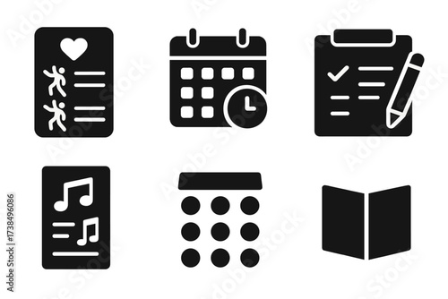 Dance Event Icon Set. Solid, filled icon set of dance card usage: dance partner list, dance schedule, event planning, partner tracking, dance notes, song list,