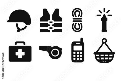 Expedition Safety Icons. Solid, filled icon set of expedition safety: helmet, life jacket, safety rope, flare, medical kit, whistle, satellite phone, rescue