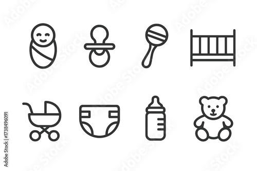 Baby Essentials Icons. Outline icon set of birth: baby, pacifier, rattle, crib, stroller, diaper, bottle, teddy bear. Line icons in only black color,