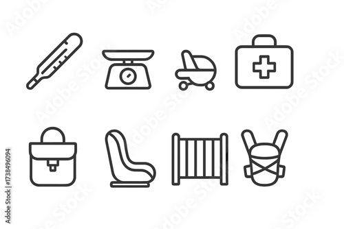 Parenting Tools Icons. Outline icon set of parenting tools: thermometer, baby scale, first aid kit, stroller, diaper bag, car seat, safety gate, baby carrier.