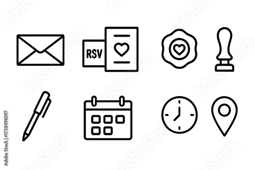 Romantic Dinner Icons. Outline icon set of romantic dinner tableware: wine bottle, wine glass, dinner plate, salad bowl, bread basket, cutlery set, salt