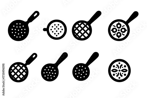 Vintage to Modern Strainers. Solid, filled icon set of strainer history and design: vintage strainer, antique sieve, traditional mesh, handmade strainer,